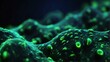 Futuristic dark green neon theme glowing abstract background with living germs and micro organisms from Generative AI