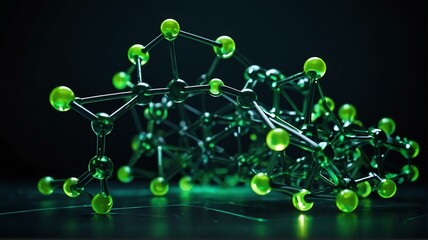 Futuristic dark green neon theme glowing abstract molecule model concept of scientific research from Generative AI