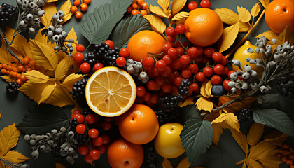Wall Mural - Fresh autumn fruits in a colorful organic nature backdrop generated by AI