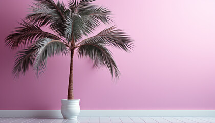 Canvas Print - Modern home interior with pink flower pot and palm tree generated by AI