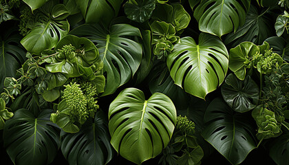 Poster - Fresh green leaves in a tropical rainforest, a nature beauty generated by AI