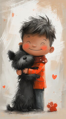 Wall Mural - A drawing of a boy hugging a dog