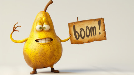 Sticker - A cartoon pear holding a sign that says boom