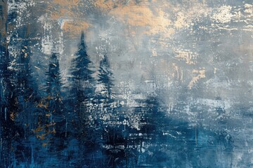 an abstract painting featuring trees depicted in shades of blue and gold, an abstract interpretation