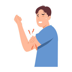 young man felt pain in the muscles in his arm. numbness caused by exercise, injury, tendon spasm, or
