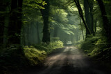 Fototapeta Natura - An old forest road leading through the forest with many green thickets and vegetation. International Forest Day concept.