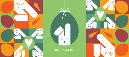 Wall Mural - Happy Easter background in geometric style. Easter card, banner design. Vector illustration.