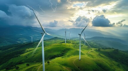 Windmill renewable energy farm with turbines generating clean sustainable energy in a green field on a stormy day with lightning