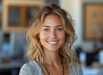 Poster - A woman with layered blonde hair, electric blue eyes, and a happy smile is posing for the camera at an event