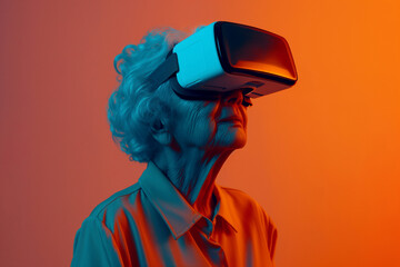 Wall Mural - An old woman in a VR helmet on an orange background. Virtual reality.