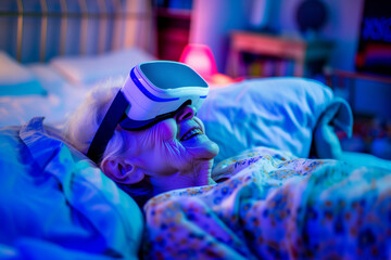 Wall Mural - An old woman in a VR helmet. Virtual reality. Blue neon lights.