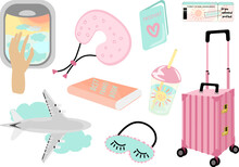 Cute Simple Travel Kit. A Suitcase On Wheels, A Sleep Mask, A Book, A Passport, A Glass Of Water, Tickets, A Boarding Pass, A View From An Airplane Window, A Neck Pillow, Painted In A Pastel Palette. 