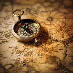 Canvas Print - Antique compass on a weathered map. 