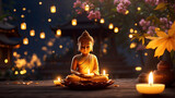 Fototapeta  - Meditating Buddha statue in a Japanese-style background with an illuminated candle and lanterns.