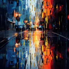 Wall Mural - Abstract reflections in a rain-soaked city street.