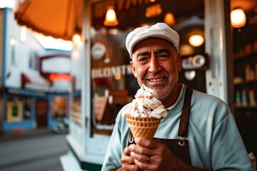 Candid shot of a proud and confident male small business owner of a neighborhood ice cream shop with an ice cream cone, Generative AI