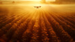An agricultural drone flies over lush crops, conducting a precision farming survey in the warm light of sunset..