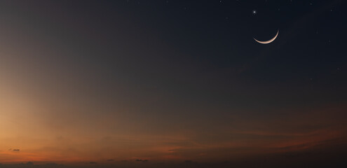 Wall Mural - crescent and stars on dusk sky twilight after sundown, end of day light, religion of islamic well sp
