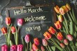 Welcome to spring illustration with tulips and writing on blackboard