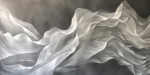 White textiles silk in wave-like patterns, serene gray backdrop, captivating interplay of hues and textures.