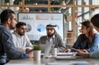 © Silvana - Experience a scene of diversity and collaboration as an Arab investor shares insights with a multi-racial group of colleagues in an upscale office space