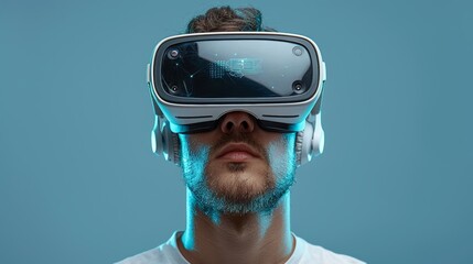 Poster - The person who is wearing the headset is isolated on a gray background. The concept of virtual reality, gadgets, technology, education online, studying, video games, and the future are all represented