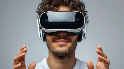 Poster - Young man using virtual reality headset. Isolated on gray background studio portrait. VR, futuristic, gadgets, technology, online education, studying, video game concept.