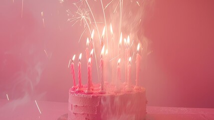 Poster - Against a pink background, a pink birthday cake with pink candles and sparklers appears