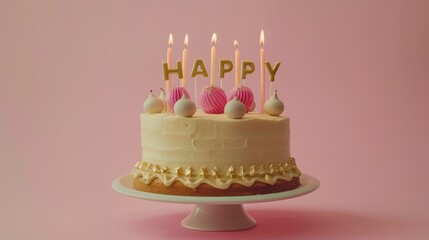 Poster - On a pink background, celebration birthday cake with pink and gold candles spelling out happy birthday