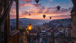 view from balcony bedroom. Vacations in beautiful destination. Colorful hotel terrace with sunset evening view. Flying air balloons. Medieval travel leisure.