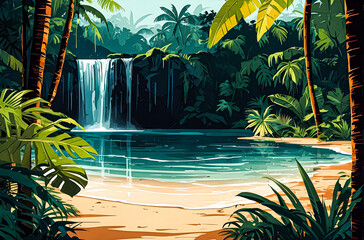 Wall Mural - Bright tropical background with jungle plants generative AI image.
