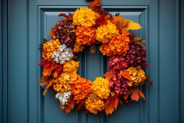 A colorful autumn wreath hanging on the front door