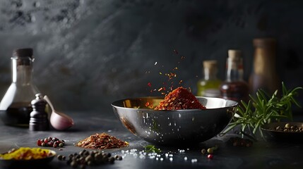 Poster - Savory spices mid-air above bowl, dynamic kitchen scene. flavorful cooking ingredients, culinary still life. dark, moody food photography. AI