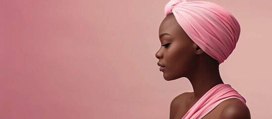 Black woman with pink headscarf concept of breast cancer awareness. Generative AI.