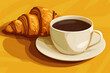 a cup of coffee and croissant on yellow background in