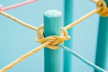 Poster - A wooden peg connected with string. Communication, technology, network concept