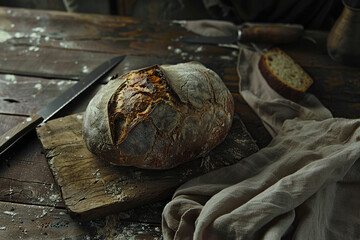 horizontal image of a whole bread loaf on a cutting board, knife and a white cloth on a wooden table Generative AI