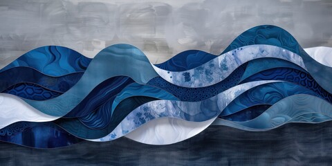 Canvas Print - Wave-like patterns of blue textiles against a tranquil gray background.