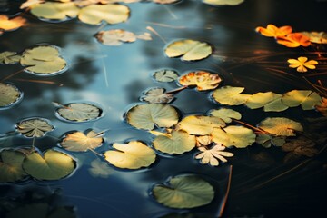 Canvas Print - Leaves floating on the surface of a calm pond