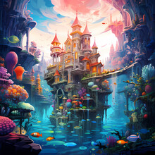 Underwater Mermaid City With Colorful Coral And Fish