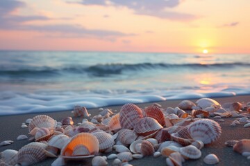 Wall Mural - seashells scattered on the shore at dawn