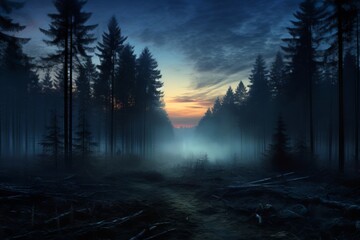 Wall Mural - A calm, misty forest during the tranquility of dawn