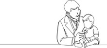 Continuous Single Line Drawing Of Pediatrician Using Stethoscope On Toddler, Line Art Vector Illustration