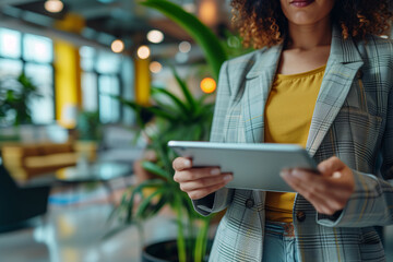 Poster - A professional businesswoman reviews financial data on a tablet within the contemporary setting of a vibrant office.