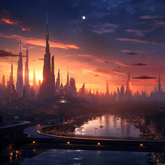 Poster - A futuristic city skyline at dusk. 