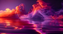 Rich Purple And Fiery Orange Smoke, Swirling In A Dance Over A Glassy Lake, The Late Afternoon Light Casting Dynamic, Sparkling Reflections That Accentuate The Smoke's Fluid Movement