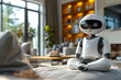 Domestic robot home assistant with a friendly appearance in the living room of a house doing household chores. Cyborg that works with artificial intelligence.