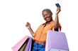 © Suresh/peopleimages.com - Bags, excited and black woman with a credit card, shopping and isolated on transparent png background. Female person, shopper and celebration for transaction, payment and smile for promo or ecommerce