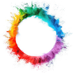 The image captures a dynamic and energetic explosion of colored powder, forming a nearly complete circle against a neutral gray background. The powder features a spectrum of colors that transition smo