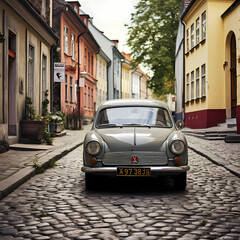 Sticker - A vintage car parked on a cobblestone street.